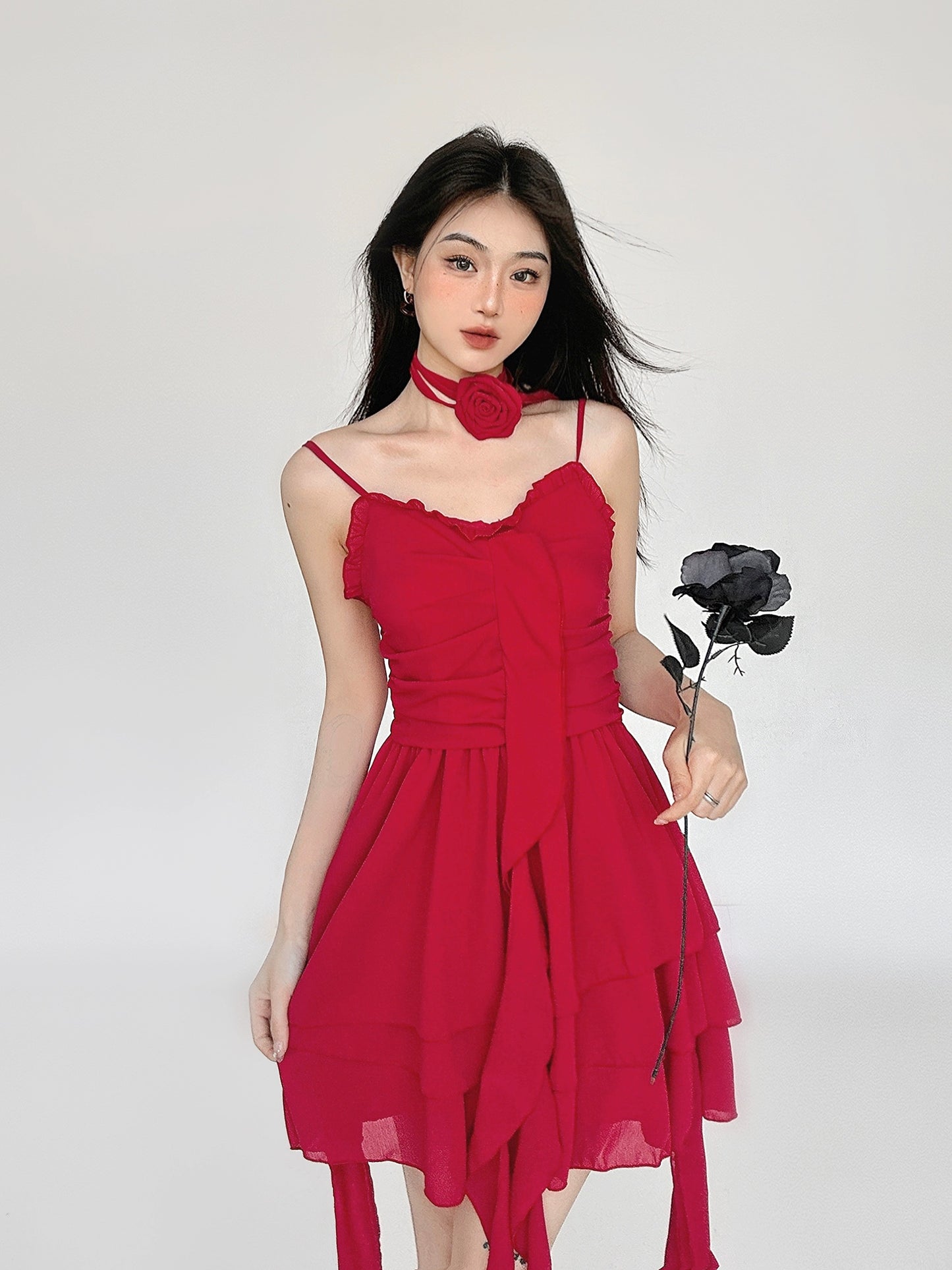 With Red Ribbon 3D Rose Choker, Strap Skirt Dress NA4607