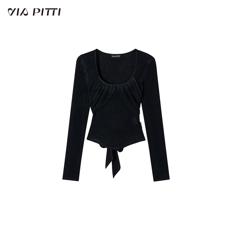 Big U-neck Lace Long Sleeve T-shirt NA4999