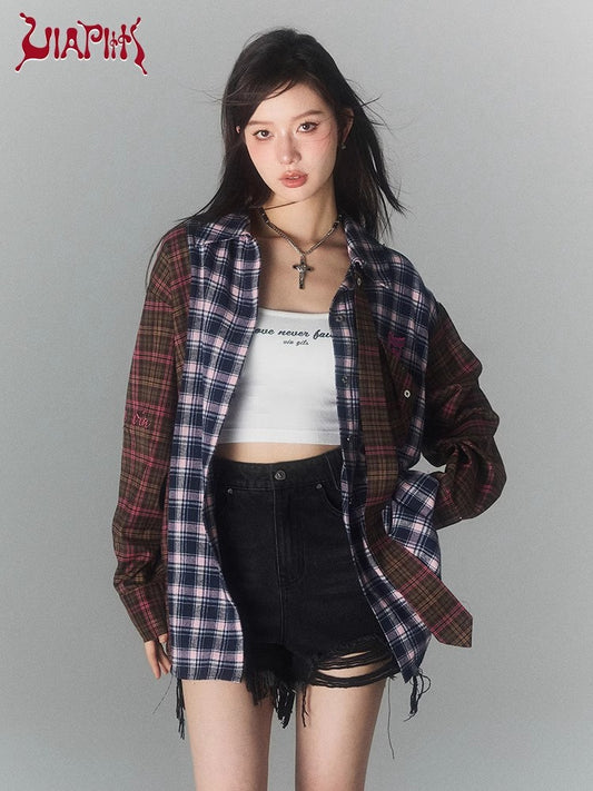 Oversize Patchwork Plaid Long Sleeve Shirt NA4960