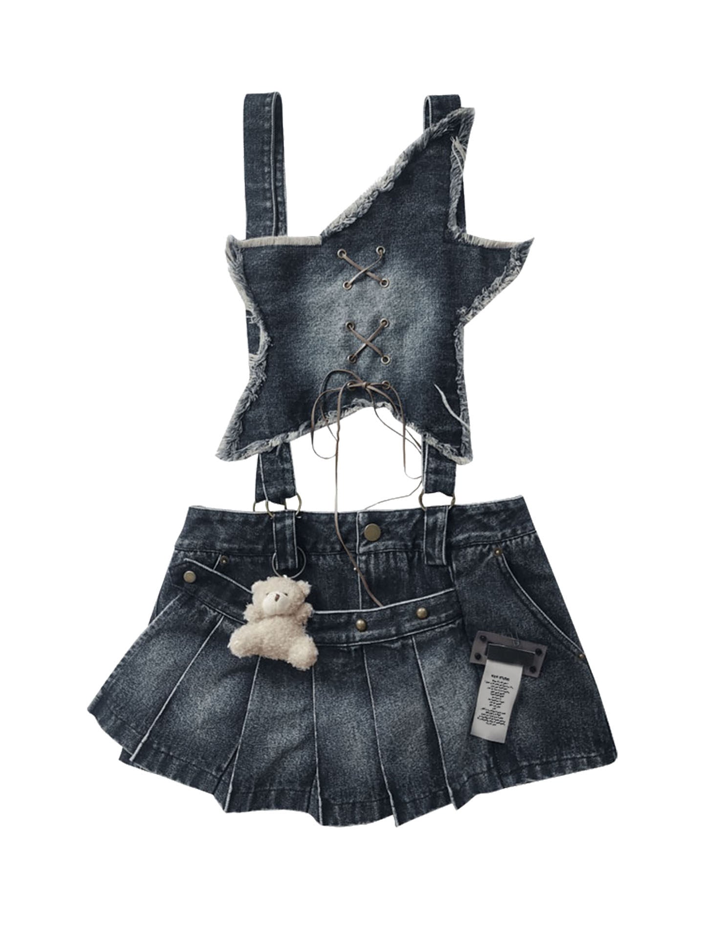 Detachable Washed Suspender Denim Short Skirt & Inner Shirts Set NA8554