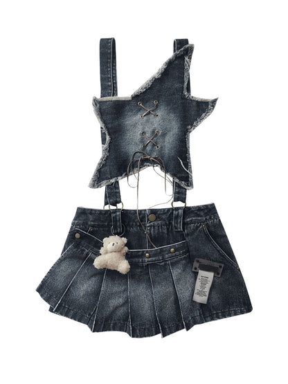 Detachable Washed Suspender Denim Short Skirt & Inner Shirts Set NA8554