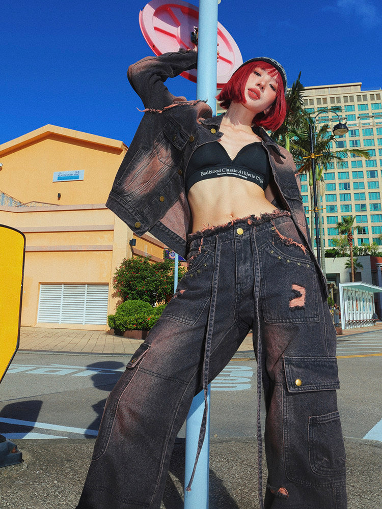 Washwd Damage Denim Jacket & Damage Wide Leg Denim Jeans Setup NA9431
