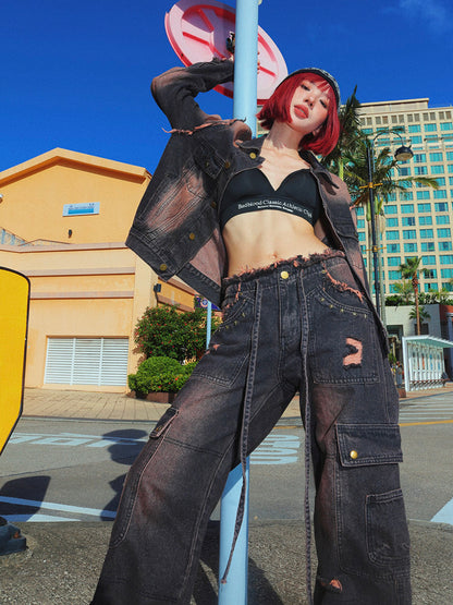 Washwd Damage Denim Jacket & Damage Wide Leg Denim Jeans Setup NA9431
