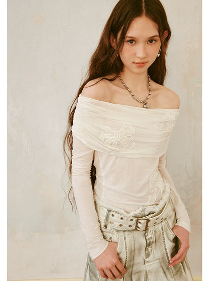 Bow Off Shoulder Long Sleeve T-shirt NA5355