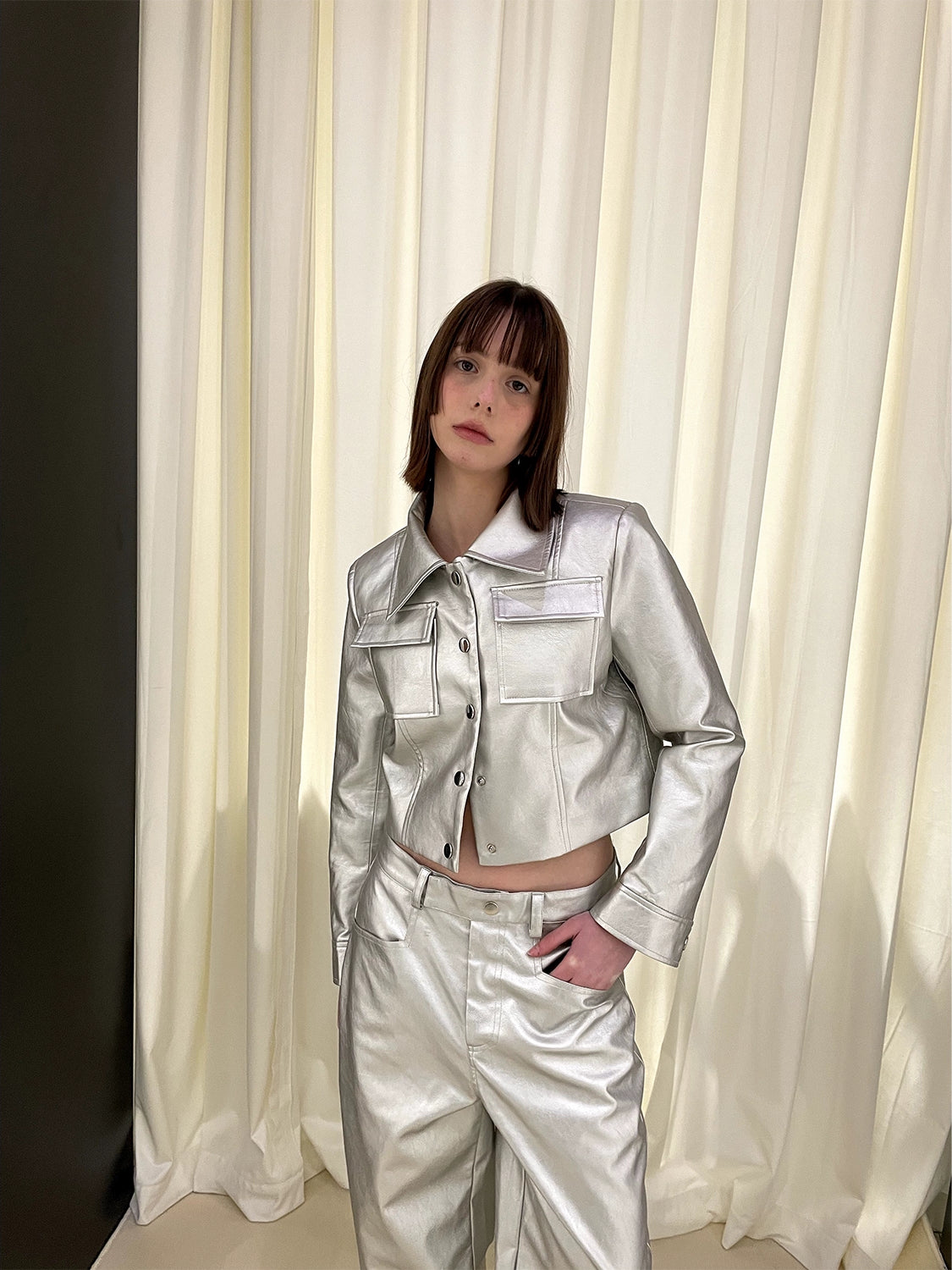 Silver PU Leather Jacket & Wide-Leg Straight PU Leather Pants Setup NA5974