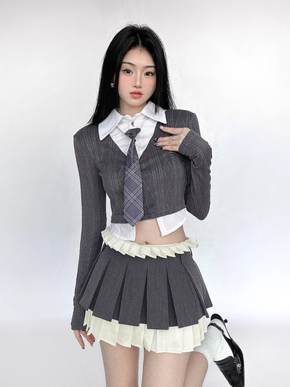 Pleated Lace Short Skirt & Fake Layered Shirt Setup NA4630