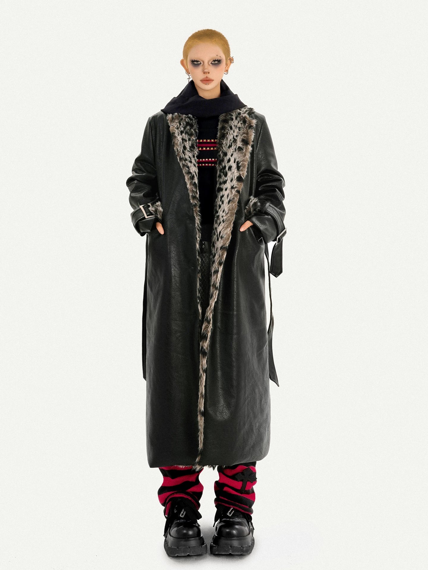 NA8564 Milk Cool Mo Li American retro black long leather jacket female leopard print fur integrated loose fur collar coat NA8564