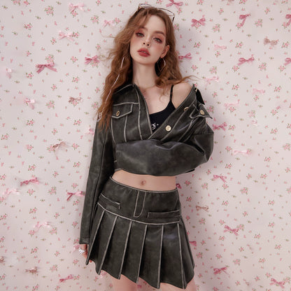 PU Leather Pleats Skirt & Long Sleeve Jacket Setup NA6846