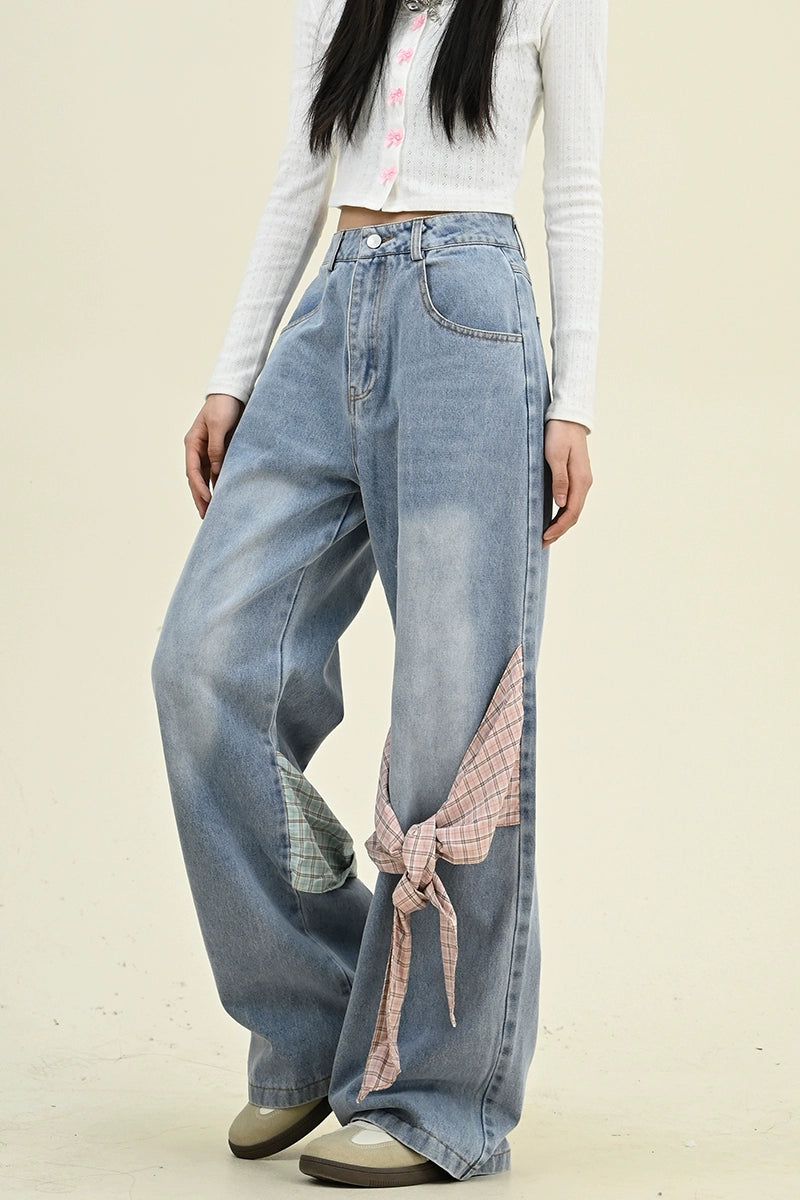 Bow Tie-Waist Wide-Leg Denim Jeans NA6475