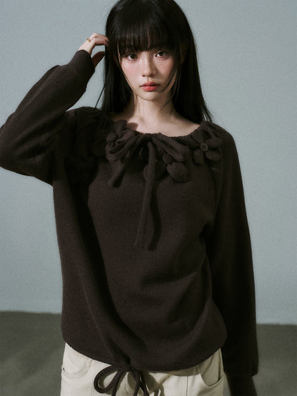 Handmade Flower Drawstring Wool Fake Layered Knit Sweater NA8802