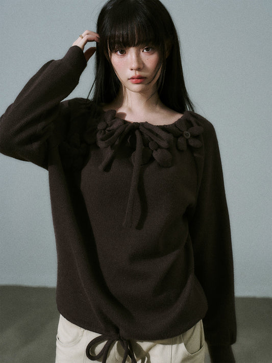 Handmade Flower Drawstring Wool Fake Layered Knit Sweater NA8802