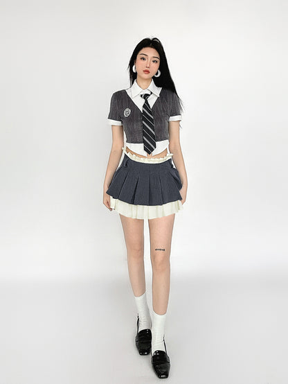 Fake Layered Short Sleeve Shirt & High Waist Pleated Skirt Setup NA4471