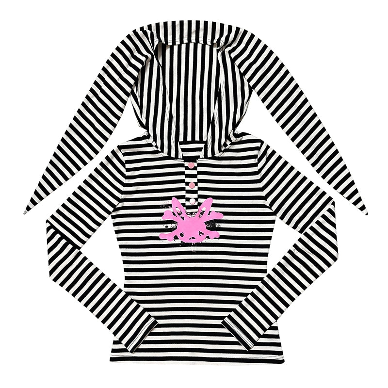 Stripe Rabbit Ear Hooded Skull Print Long Sleeve T-shirt NA6606