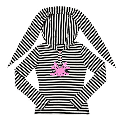 Stripe Rabbit Ear Hooded Skull Print Long Sleeve T-shirt NA6606