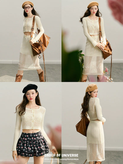 Hollow Out Button Knit Cardigan & Half Skirt Setup NA5940