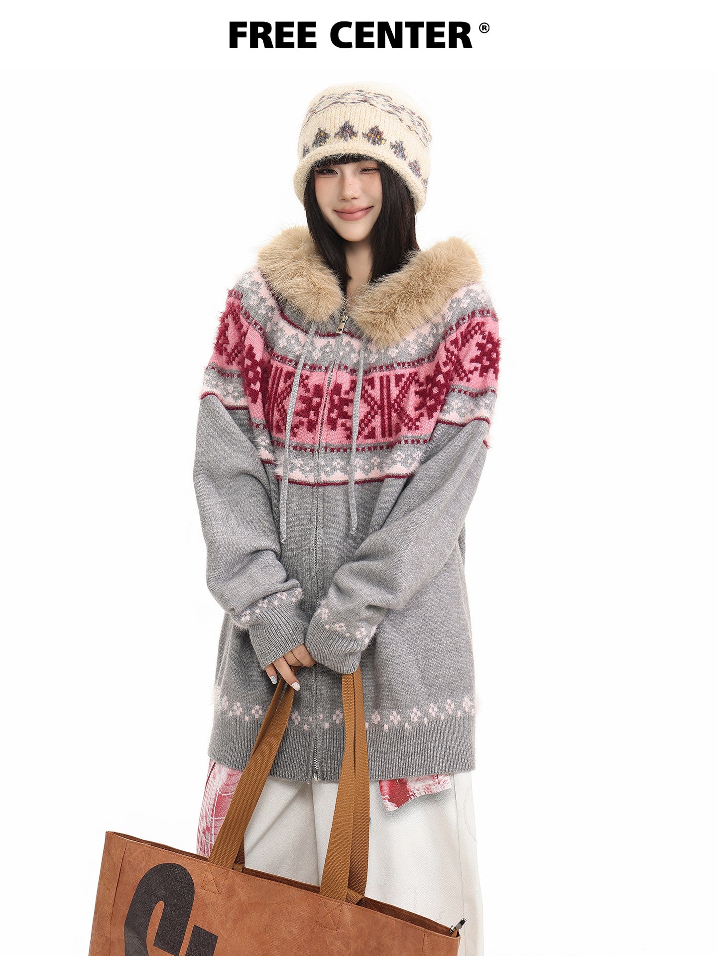 Fur Collar Fair Isle Hooded Knit Cardigan NA8868