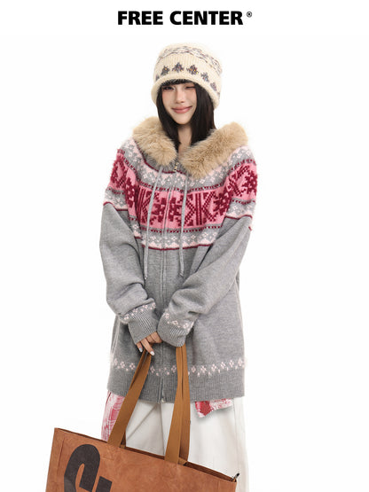Fur Collar Fair Isle Hooded Knit Cardigan NA8868