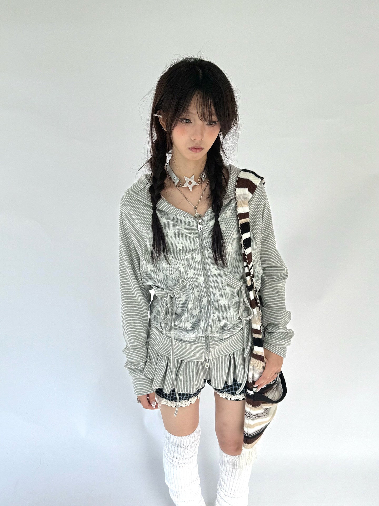 Striped Patchwork Hooded Drawstring Ruffle Jacket & Skirt Setup NA9266
