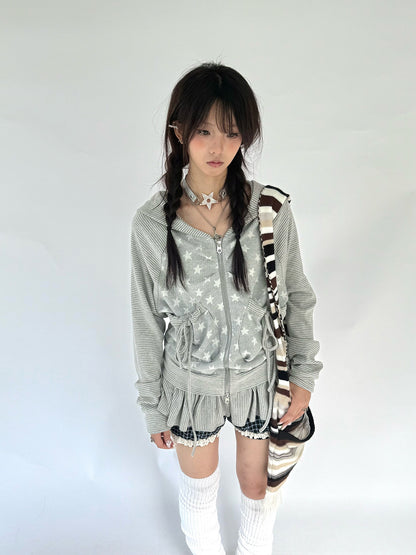 Striped Patchwork Hooded Drawstring Ruffle Jacket & Skirt Setup NA9266