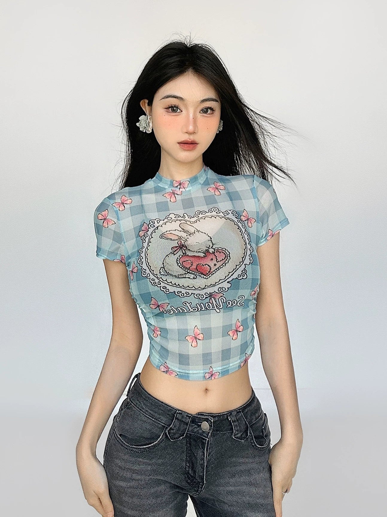 Mesh Plaid Short Sleeve T-shirt NA4571