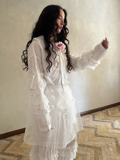 Patchwork Lace Ruffle Long Sleeve Blouse NA8287