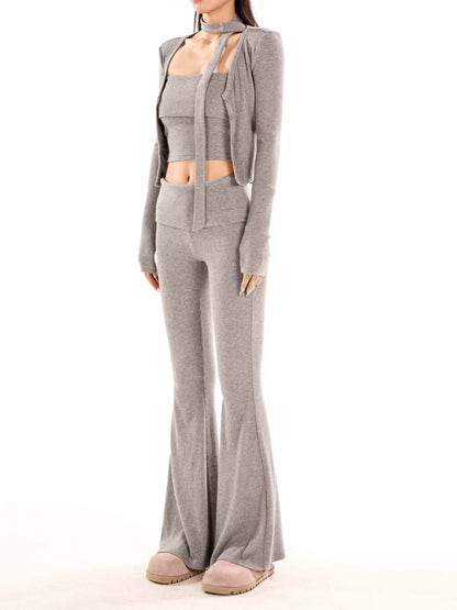 Long Sleeve Knit Cardigan & Tube Top & Slim Fit Flare Pants Setup NA3847