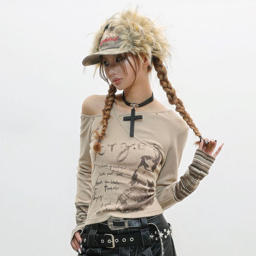 Off-Shoulder Patchwork Print Long Sleeve Knit T-Shirt NA8557