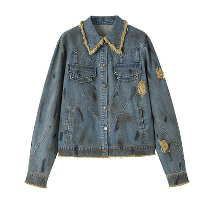 Washed Frayed Collar Denim Jacket & Denim Short Skirt Setup NA8915