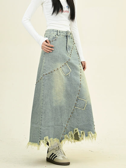 Frayed Fringe Distressed Denim Midi Skirt NA6482