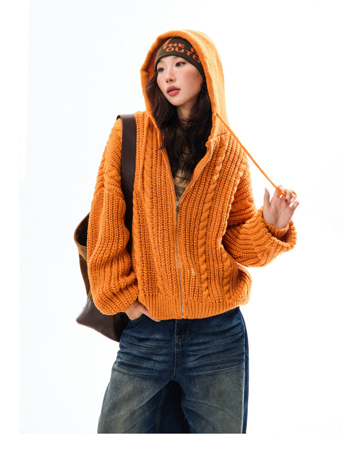 Chunky Knit Zipper Hooded Oversize Cardigan NA9356