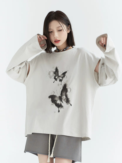 Butterfly Print Oversize Long-Sleeve Top NA2747