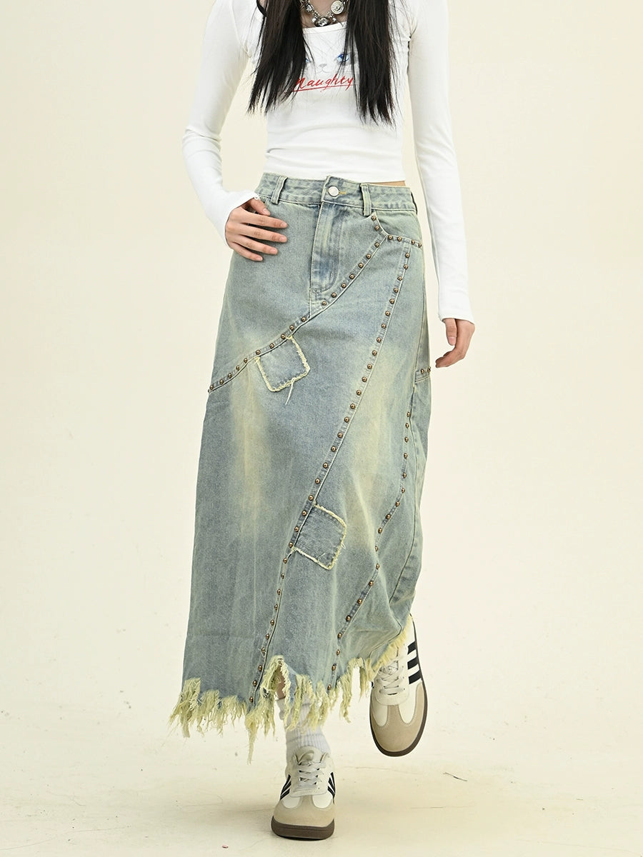 Frayed Fringe Distressed Denim Midi Skirt NA6482