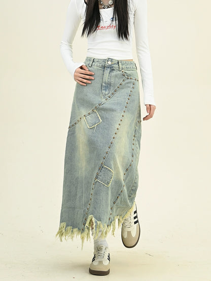 Frayed Fringe Distressed Denim Midi Skirt NA6482