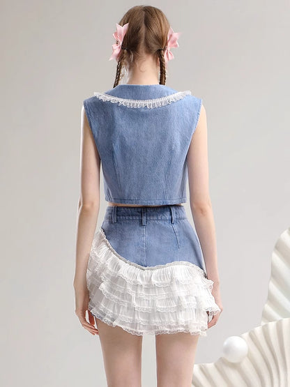 Waist UP Sleeveless Denim Shirt & Asymmetry Patchwork Short Skirt Setup NA 5469