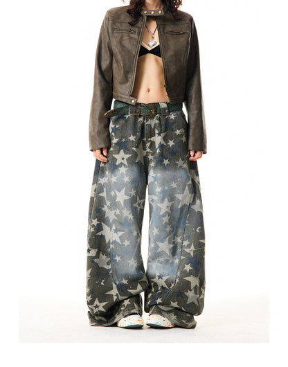 Star Print Damage Wide Leg Denim Jeans NA9313