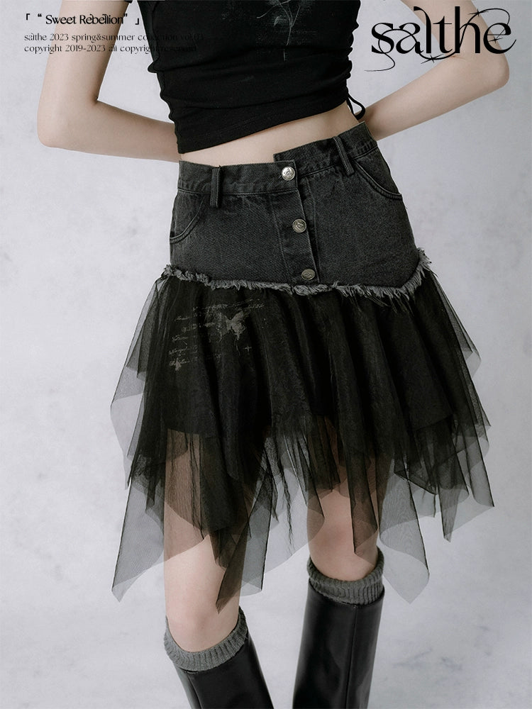 Denim And Tulle Patchwork Skirt NA5650