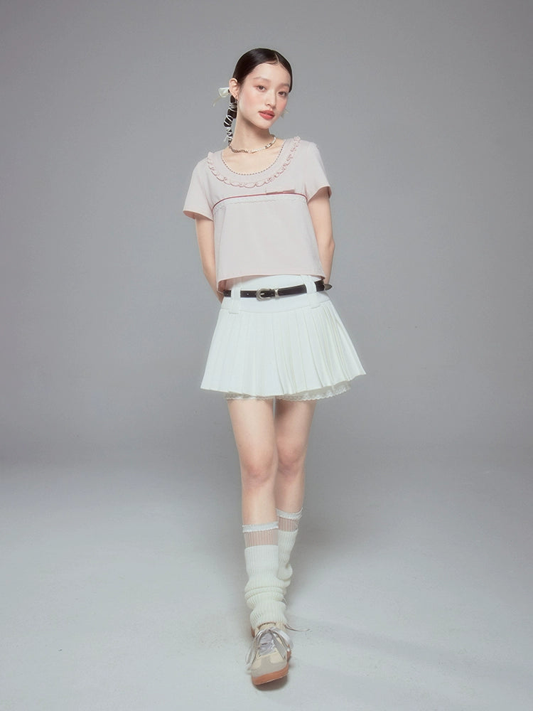 Cropped Contrast Lace Collar Short Sleeve T-shirt NA5333