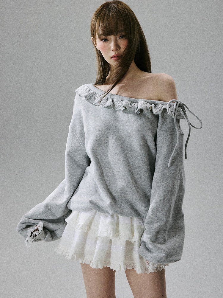 Off-Shoulder Lace Trim Sweatshirt NA8849