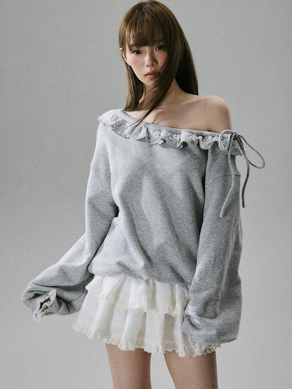 Off-Shoulder Lace Trim Sweatshirt NA8849