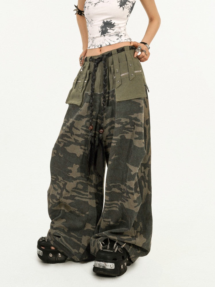 Heavy Craft Camouflage Multi-Pocket Wide Leg Cargo Pants NA8639