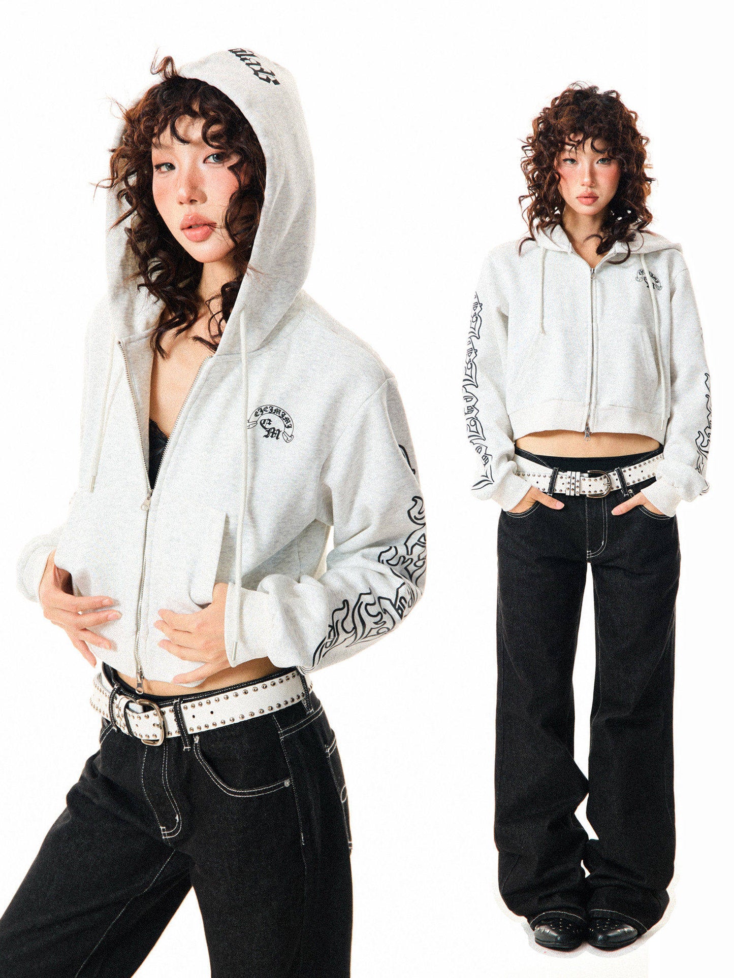 Gothic Logo Print Cropped Zipper Hoodie NA9310
