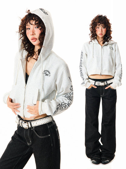 Gothic Logo Print Cropped Zipper Hoodie NA9310