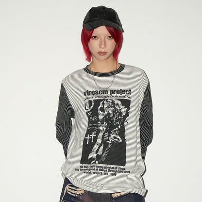 Stripe Graphic Print Layered Long Sleeve T-Shirt NA9129