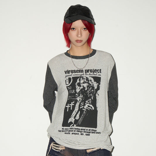 Stripe Graphic Print Layered Long Sleeve T-Shirt NA9129