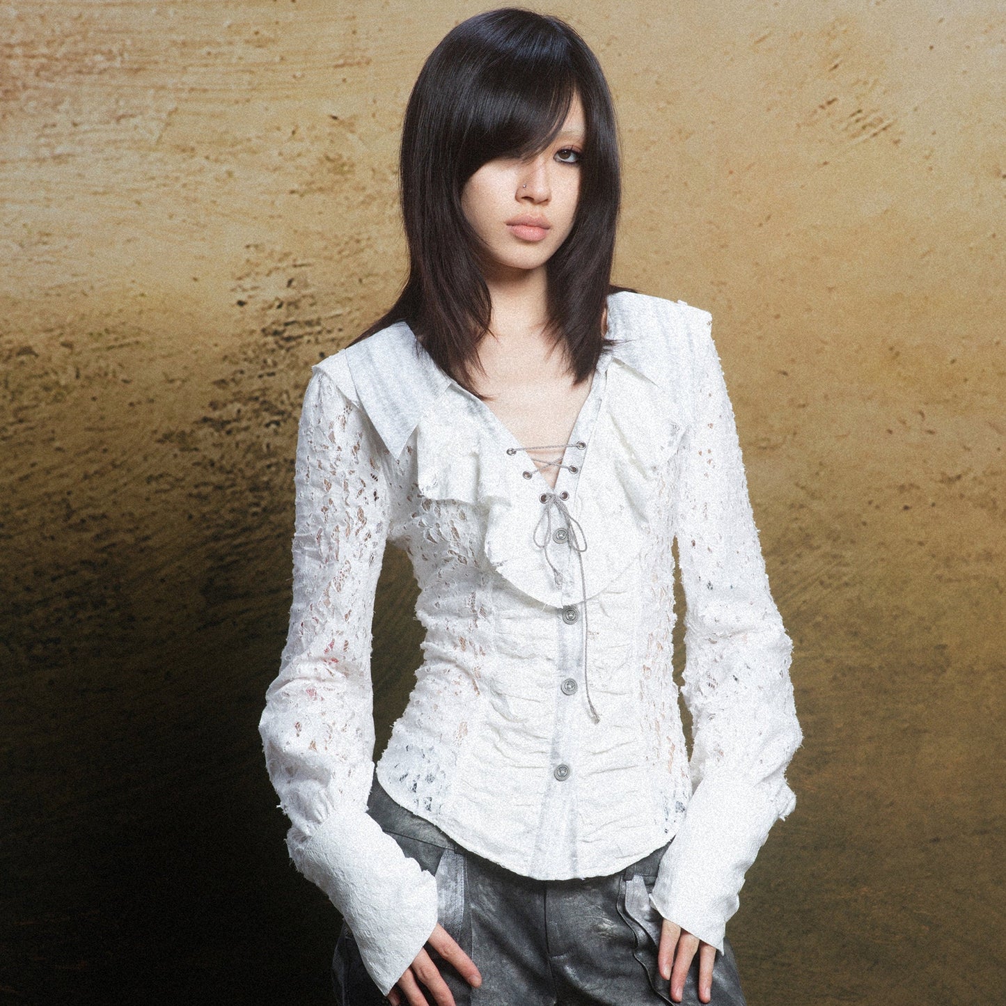 Ruffled Double Layered Hollow Romantic Slim Shirts NA8362