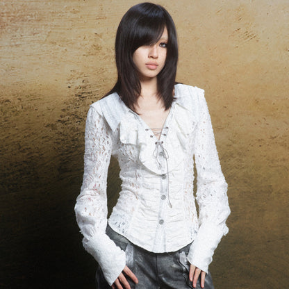 Ruffled Double Layered Hollow Romantic Slim Shirts NA8362