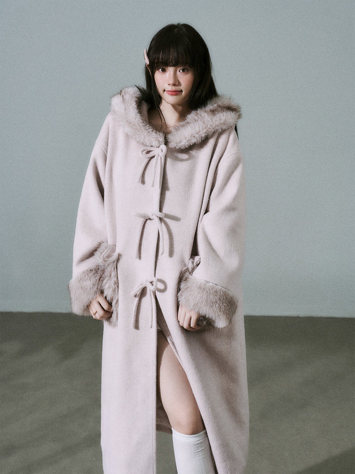 Bow Detail Fake Fur Trim Coat NA8829