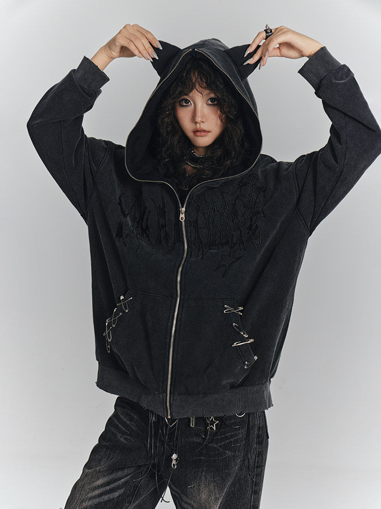Cat Ear Safety Pin Oversize Zipper Hoodie NA8929
