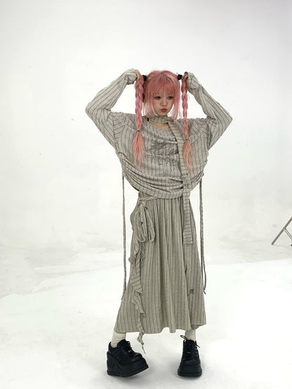 Ribbed Letter Print Strap Detail Oversize Knit Sweater NA9298