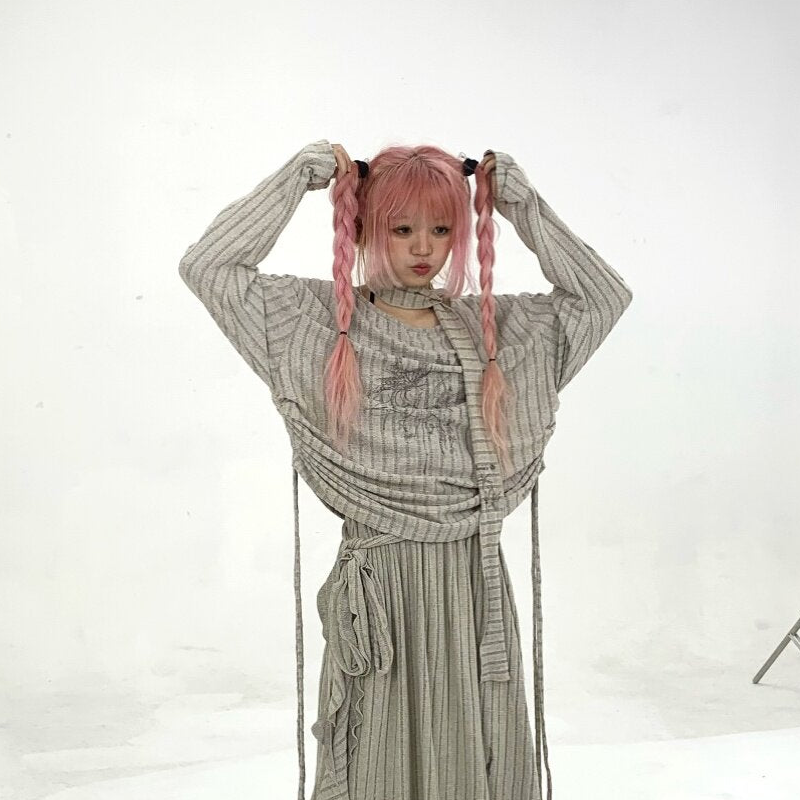 Ribbed Letter Print Strap Detail Oversize Knit Sweater NA9298